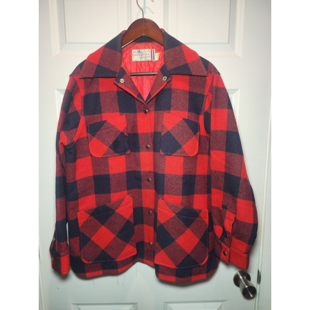 Vintage 60s Pendleton Wool Mackinaw Chore Coat Red Black Buffalo Plaid USA